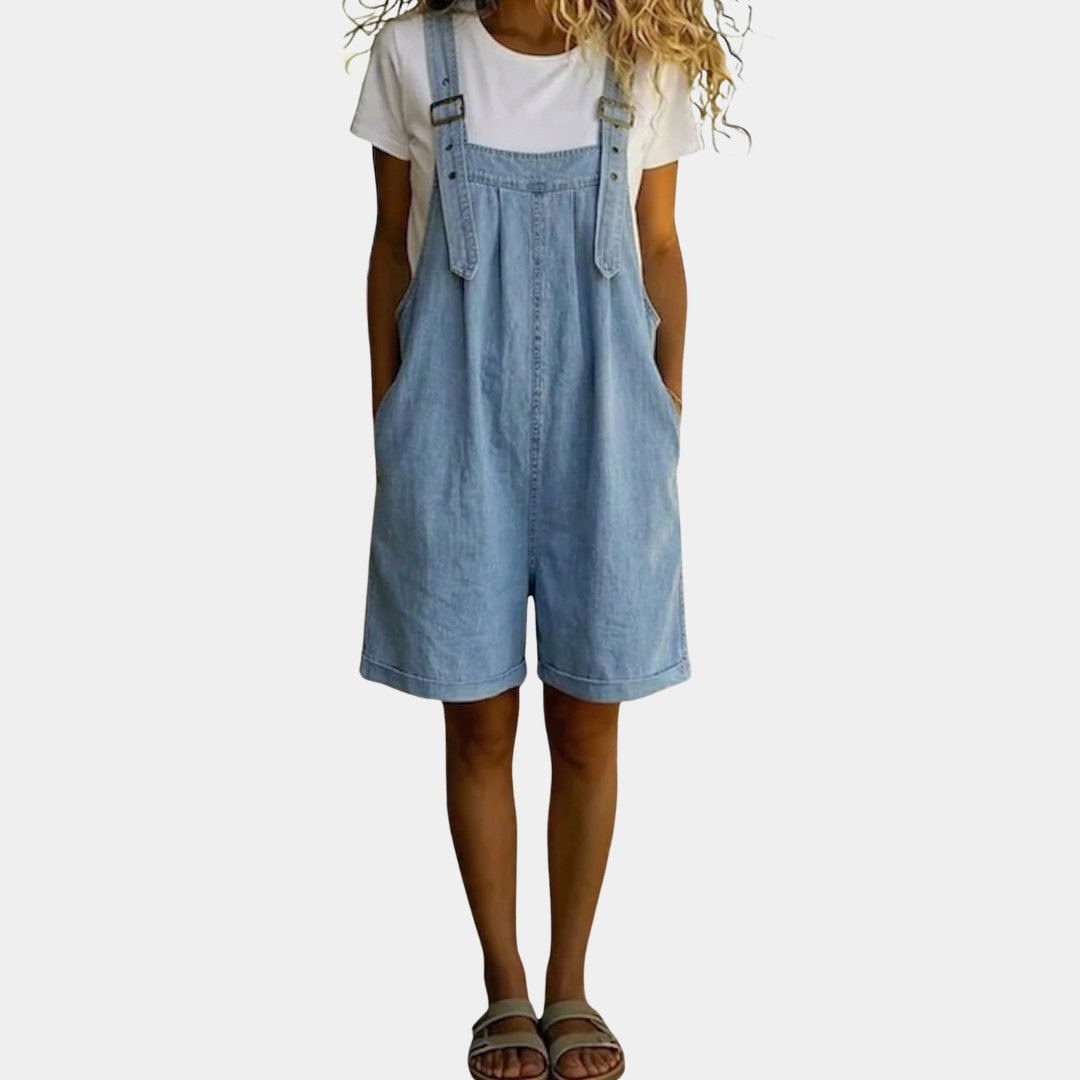 Clara short denim dungarees in light blue, full front view with white tee