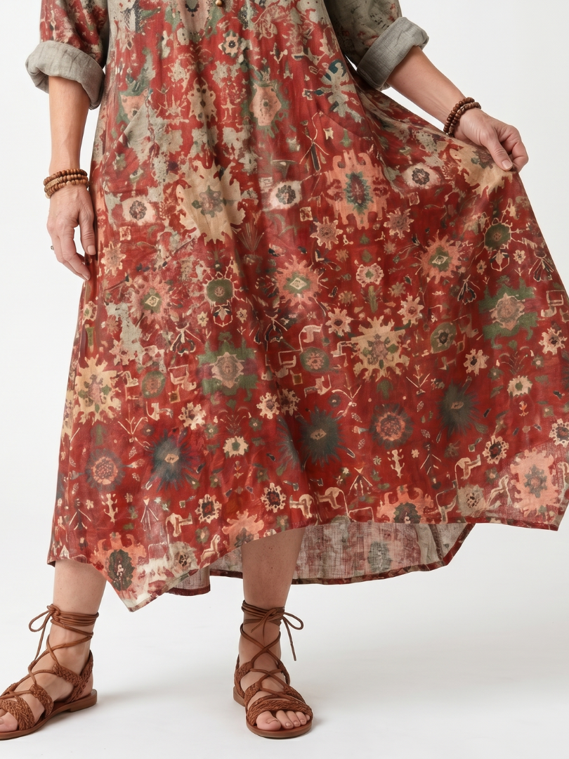 Saffron midi dress close-up of tapestry print skirt and hem