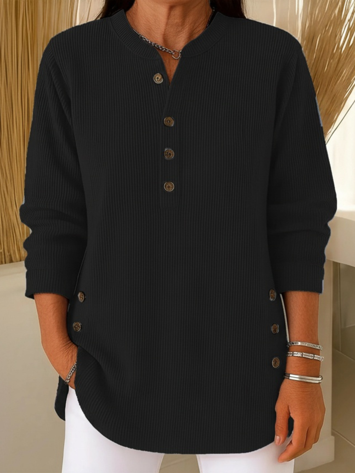 Nysha ribbed button sweater in black, front view
