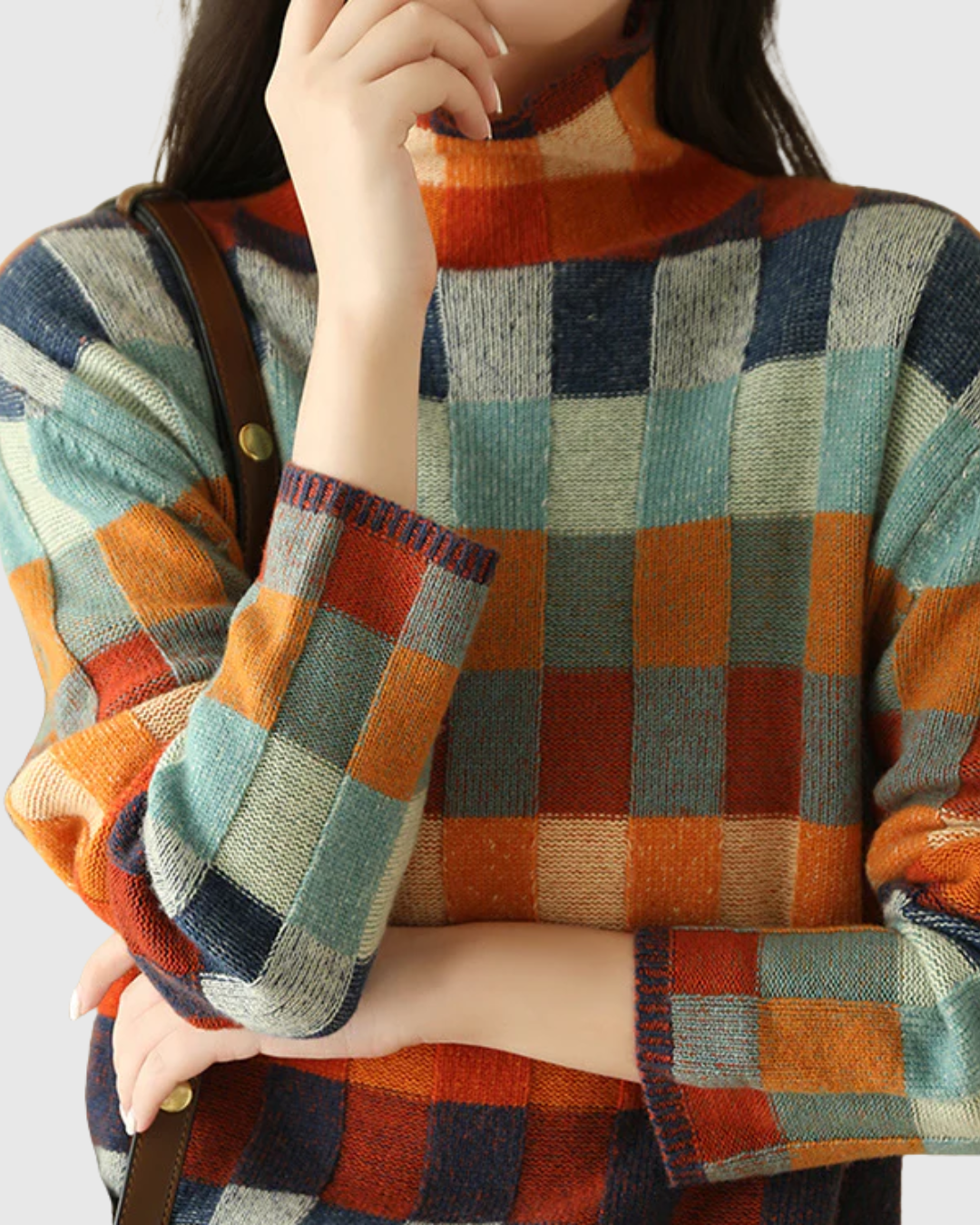Selvianne checked turtleneck sweater, close front view showing collar and cuffs