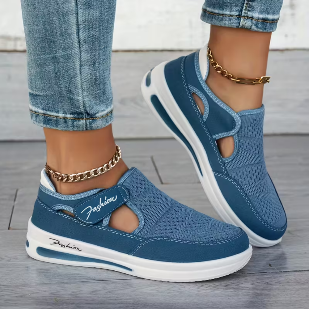 Allison cut-out mesh sneakers in blue, worn front view