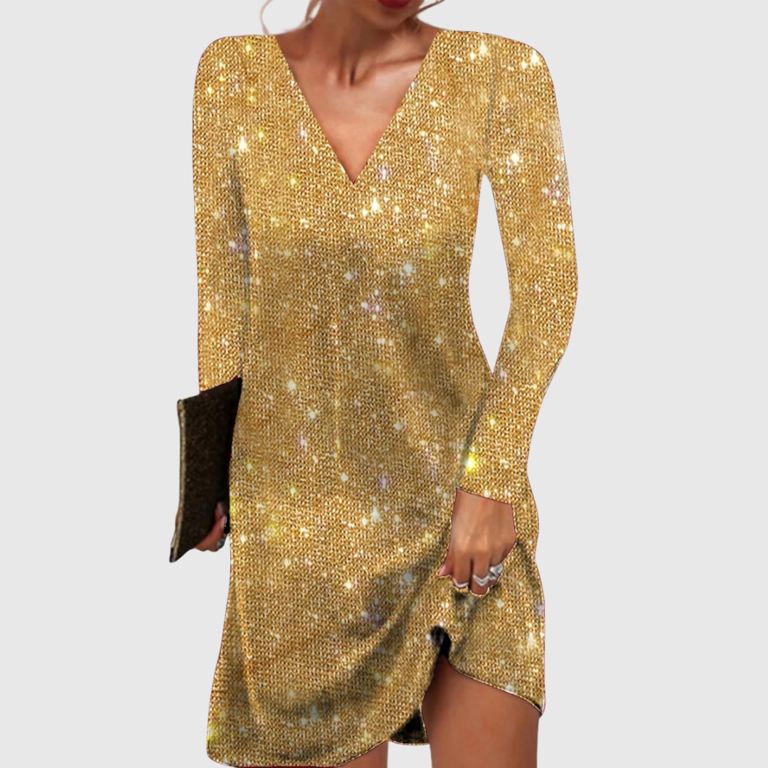 Celine sequin mini dress in gold, full front view