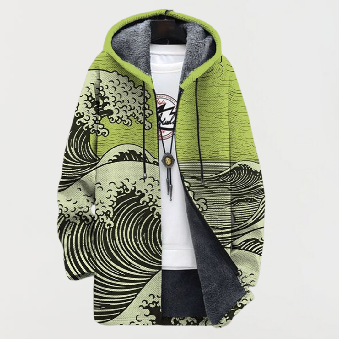 Lennox wave print hooded coat in light green, front view