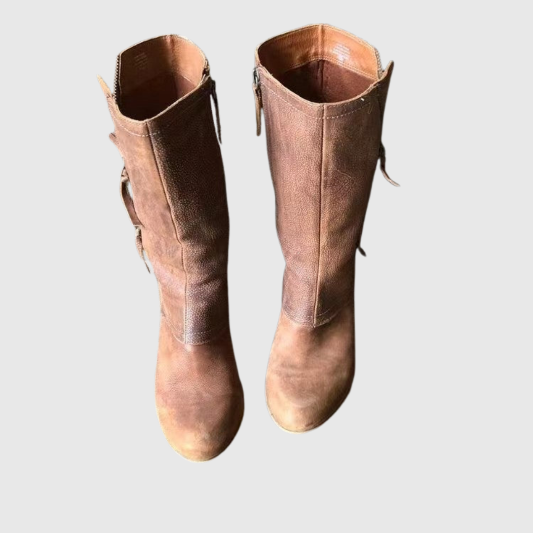 Tamera leather boots in tan brown, front view of rounded toes