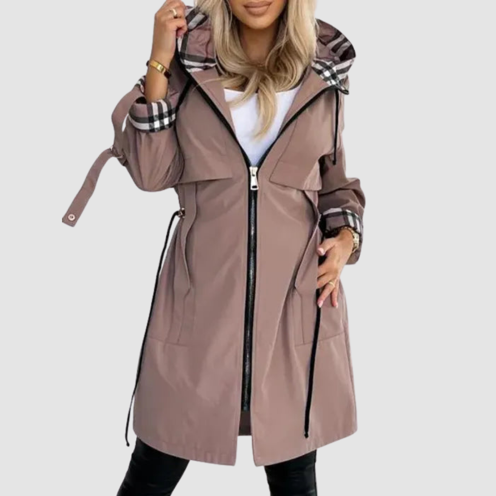 Assuntina weatherproof zip-up coat in dusty pink with check-lined hood