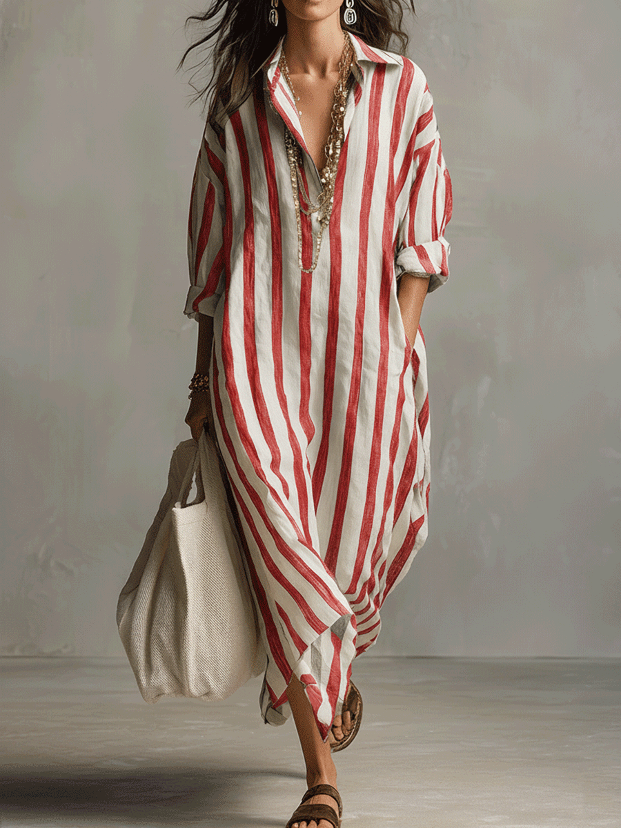 Striped shirt maxi dress in red, full-length front view