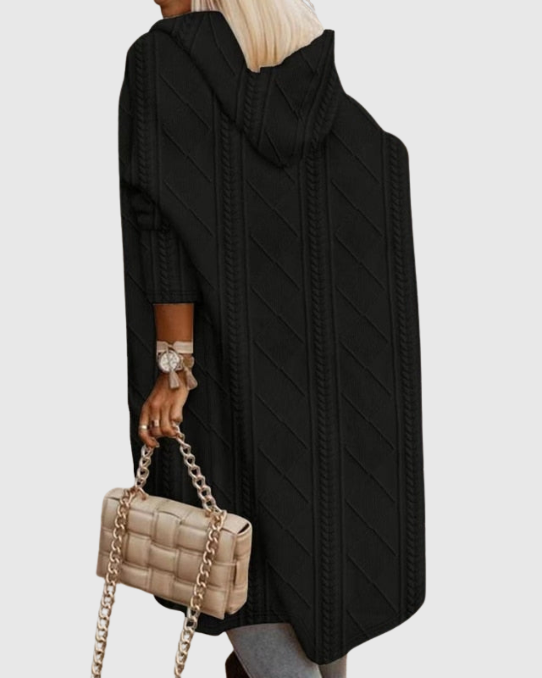Honoria hooded cable-knit cardigan in black, back view showing hood