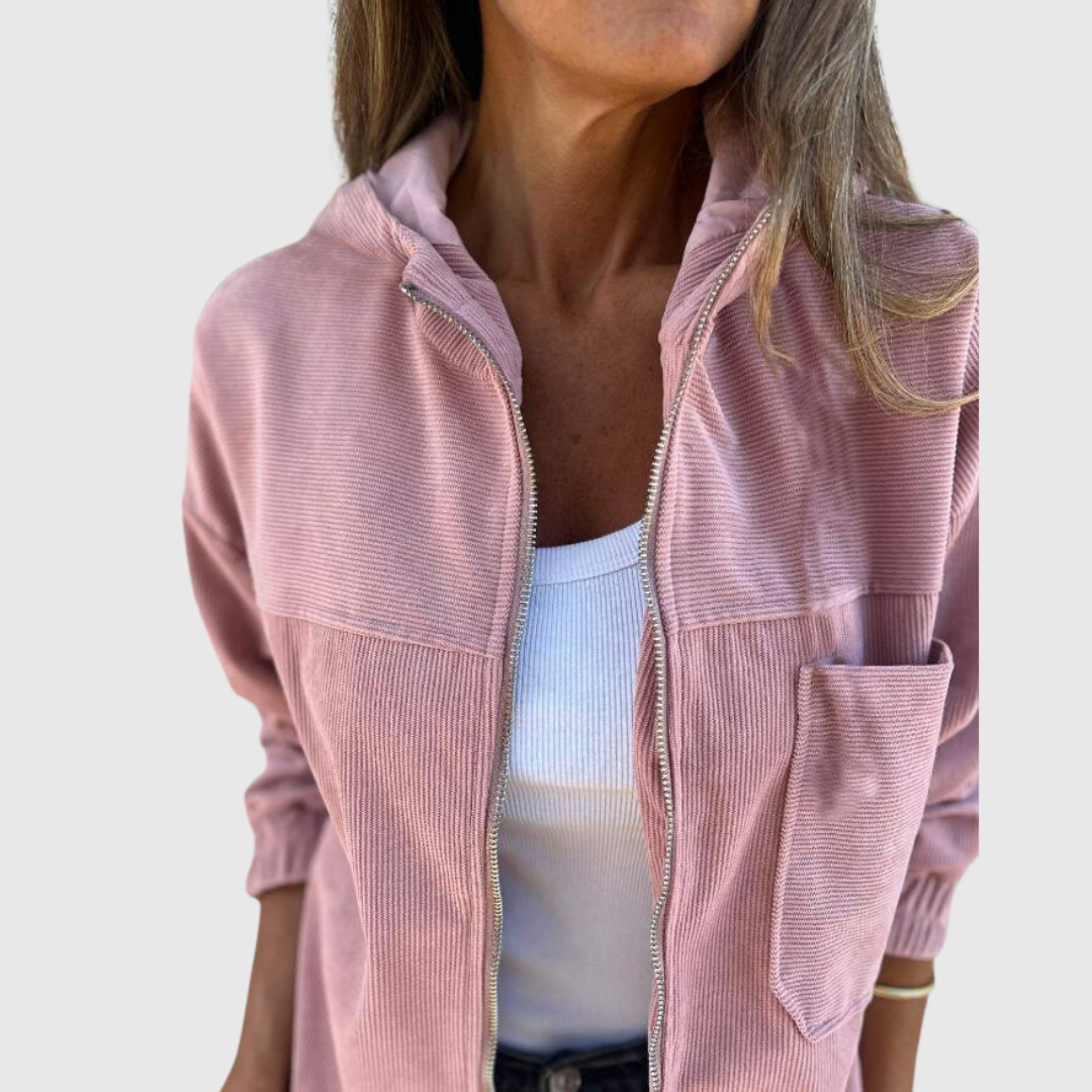 Elviana hooded jacket in pink, close-up of zip and flap pocket