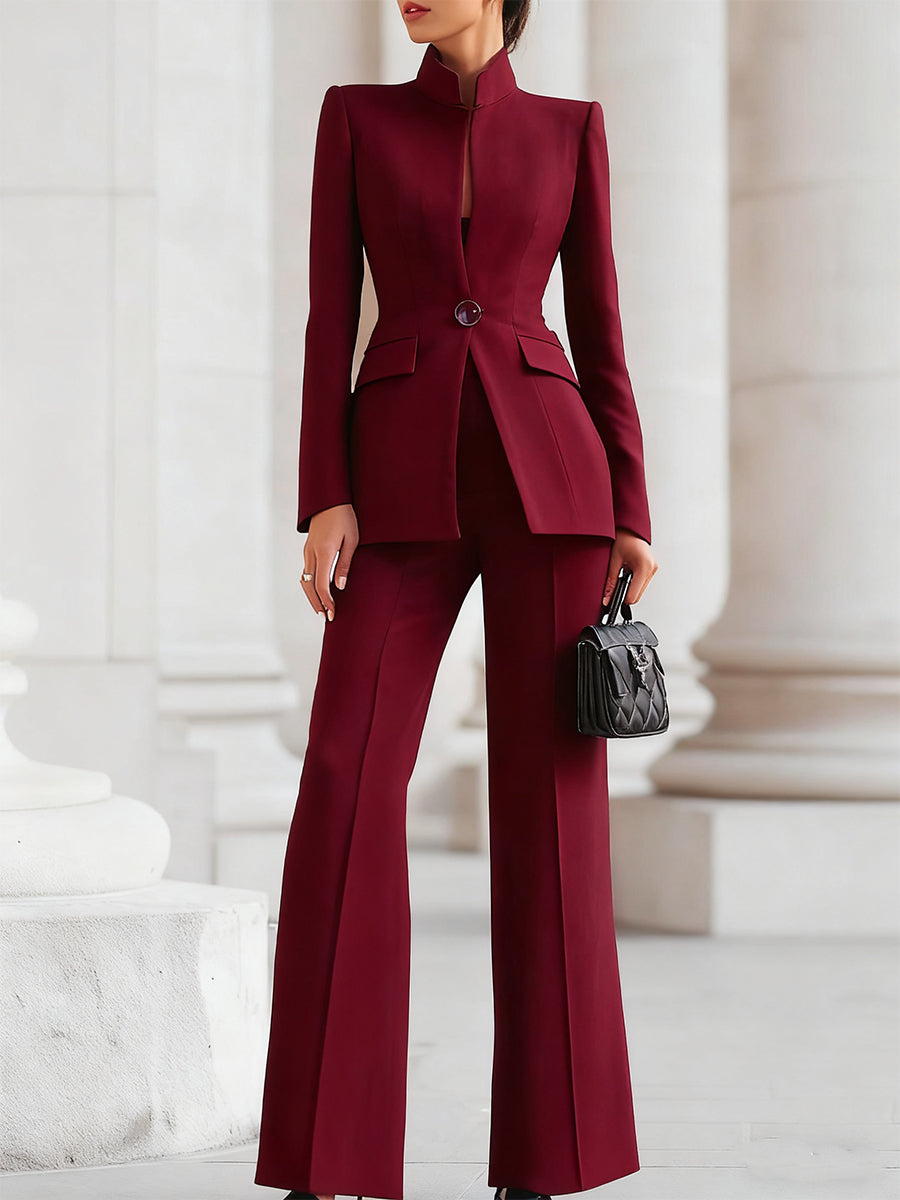 Adrielle blazer and trouser suit set in bordeaux red, full-length front view