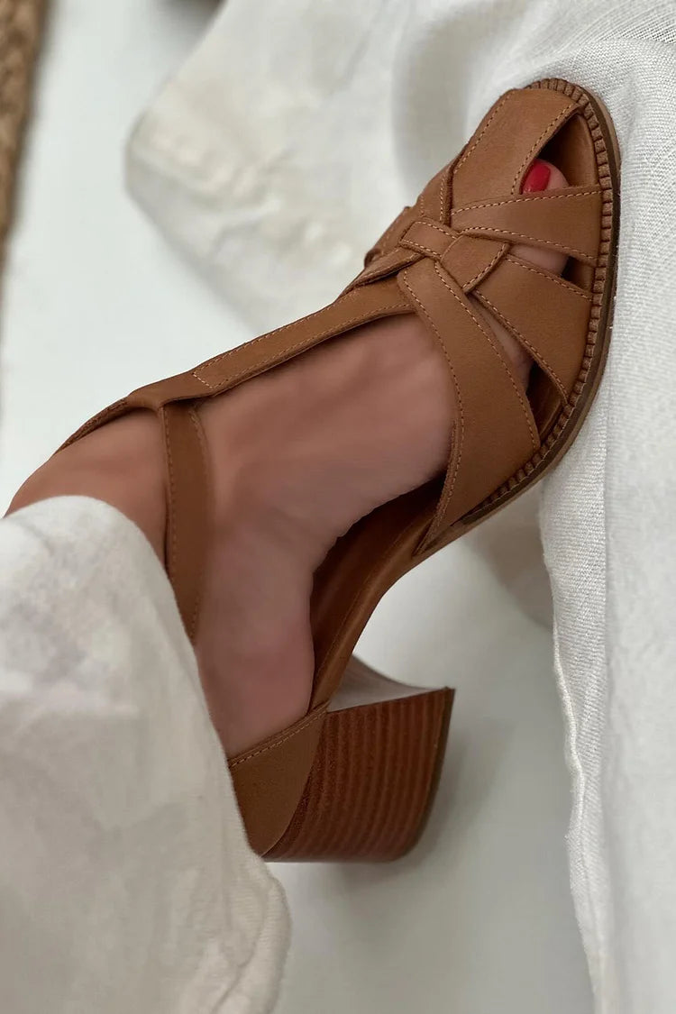 Brown woven cut-out block heels, side view showing stacked heel and T-bar