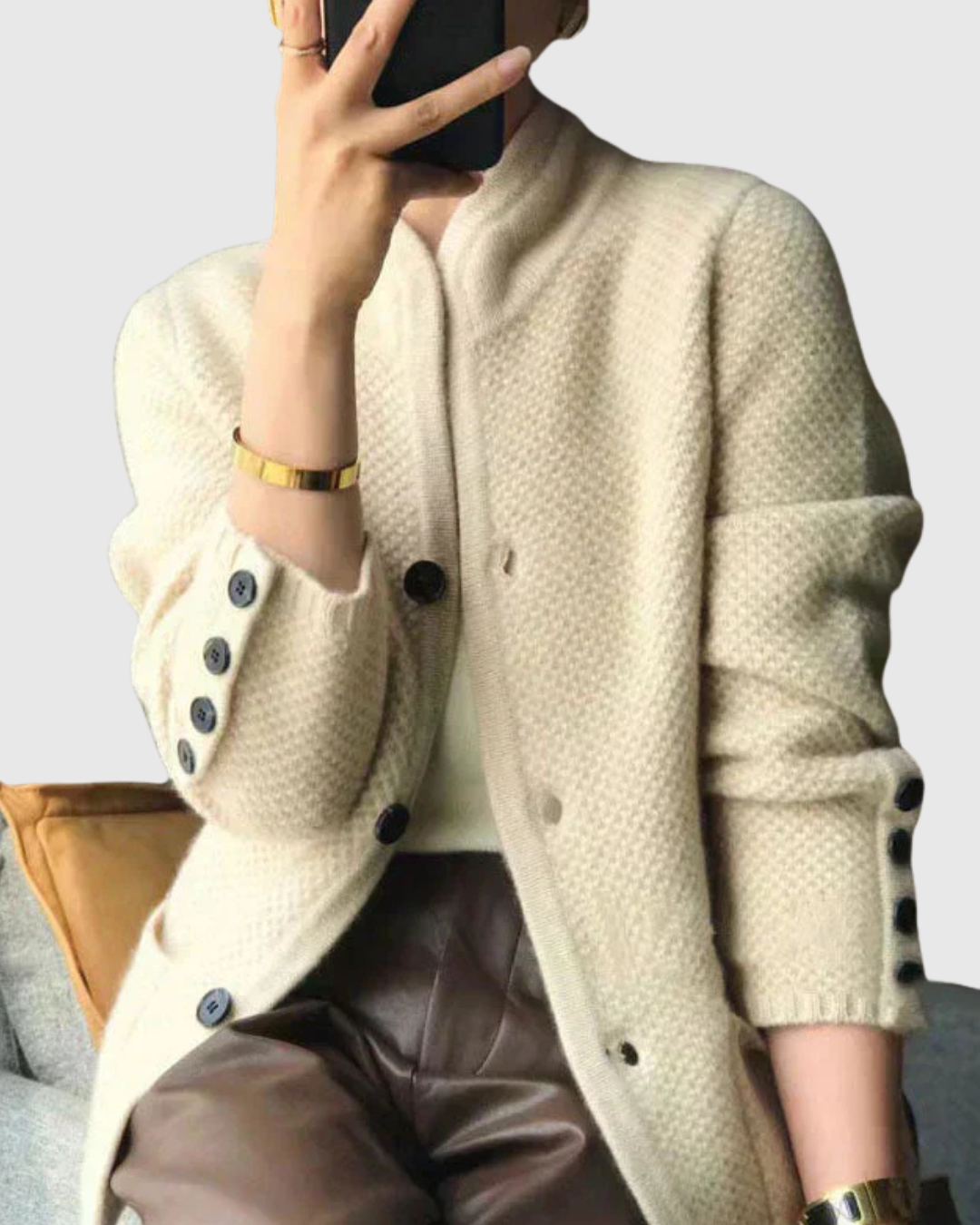Meliora waffle-knit cardigan in beige, front view with buttoned cuffs