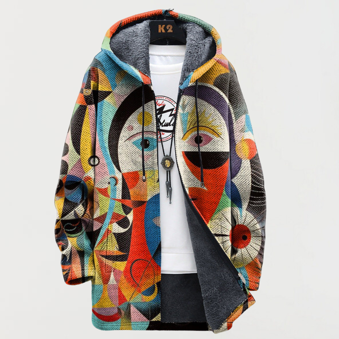 Morgan abstract print hooded coat in multicoloured face print, front view