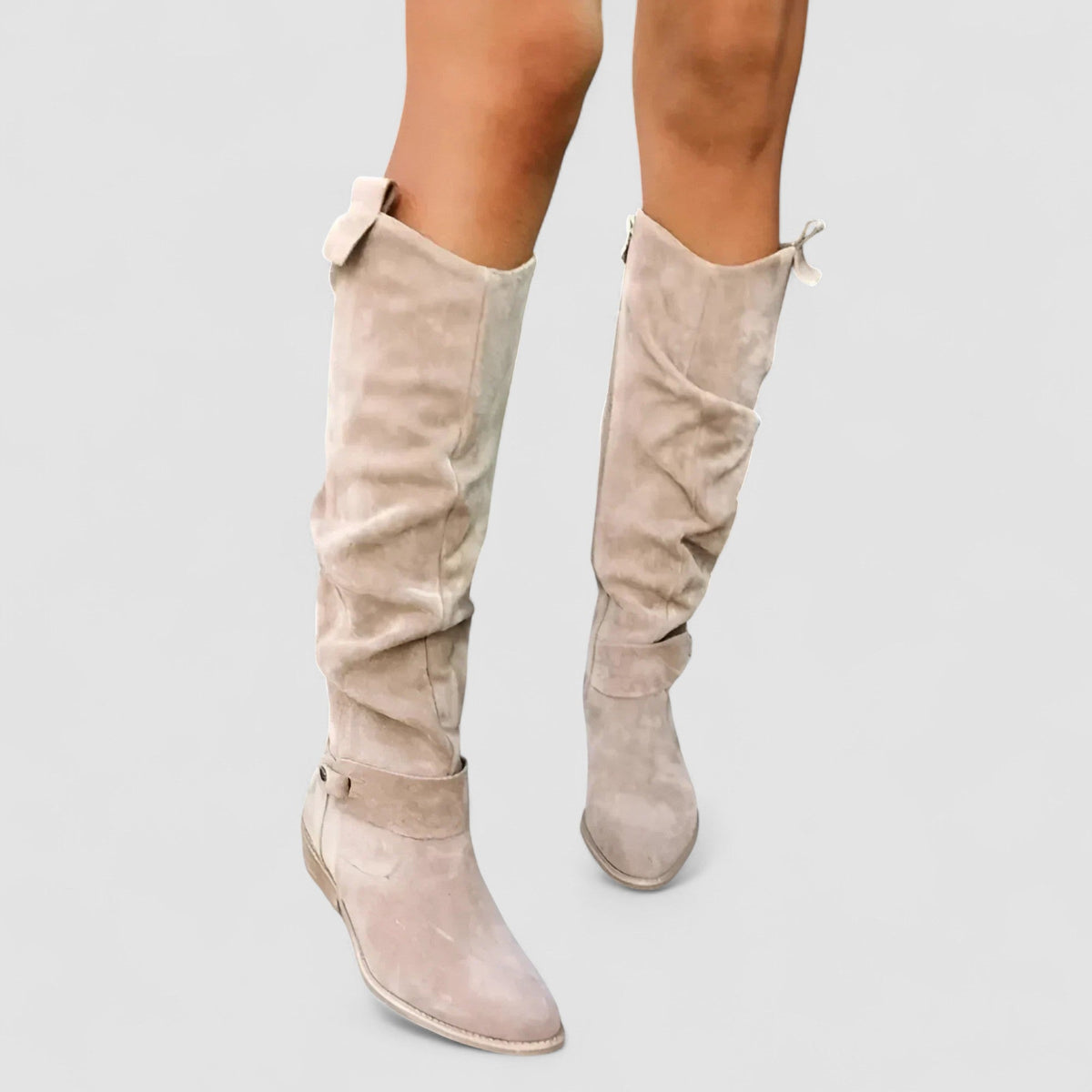 Adeliza slouch knee-high riding boots in beige, front view with pull tabs