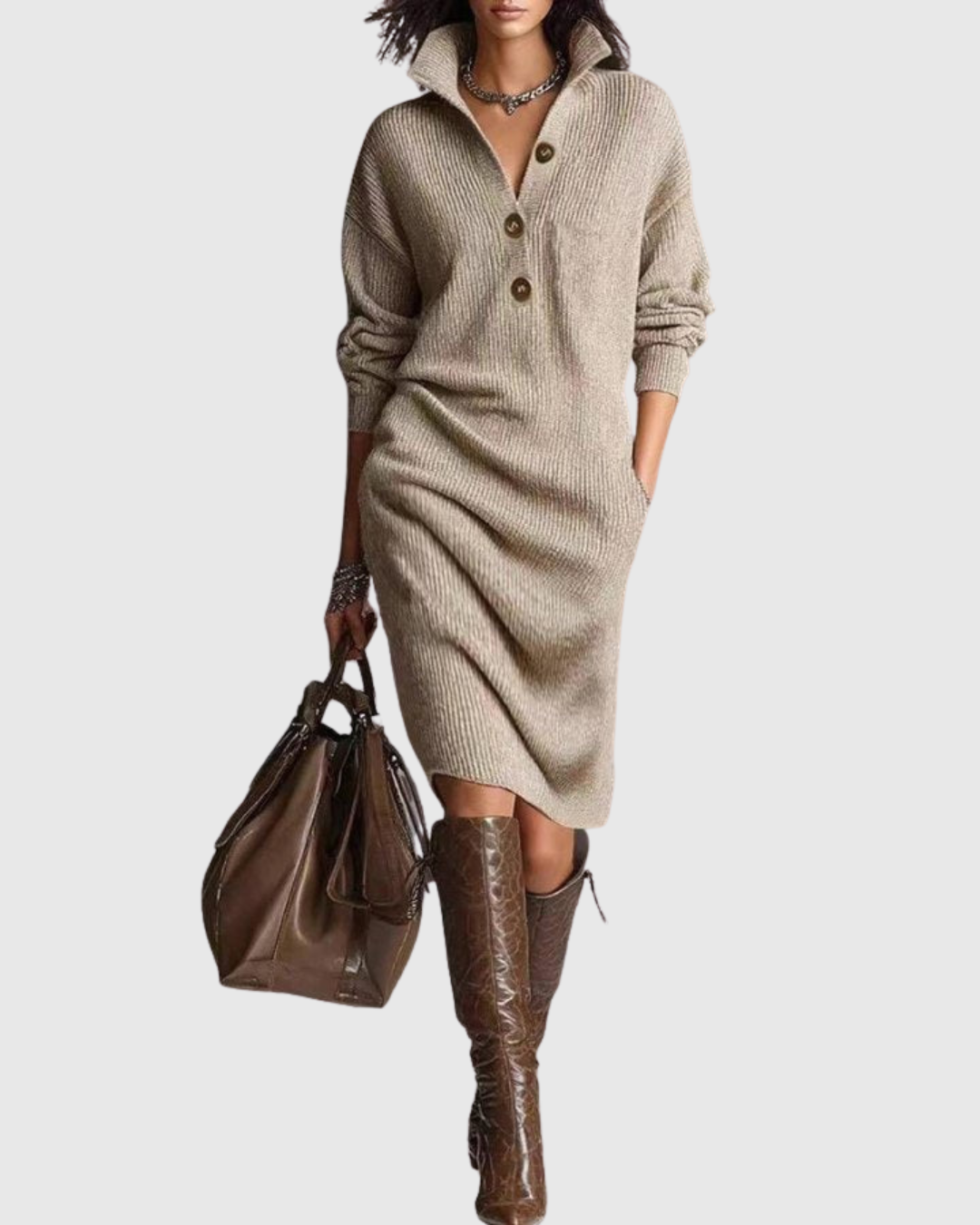 Arianell winter knit midi dress in khaki, full-length front view