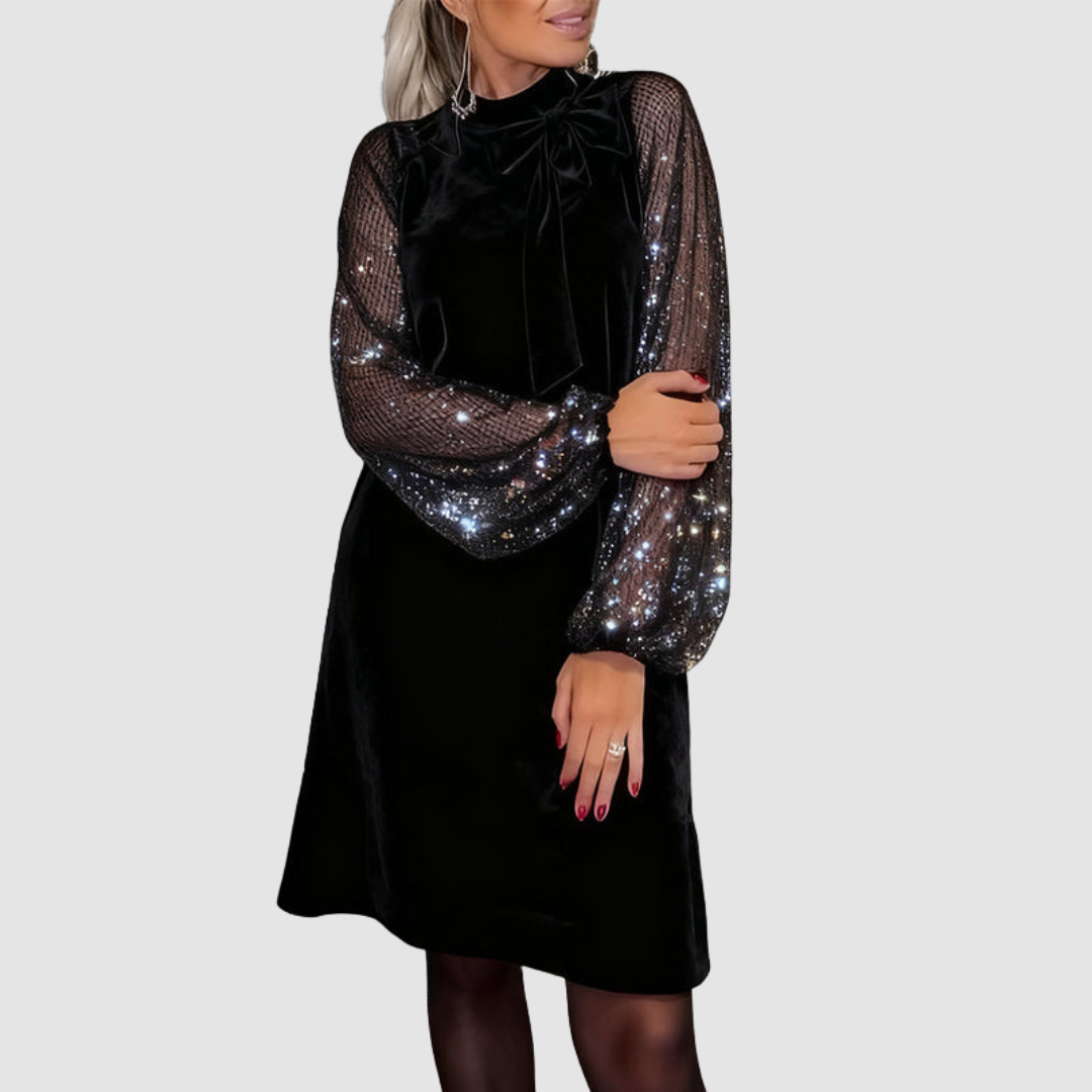 Martina elegant suede dress in black, front view with sequinned mesh sleeves