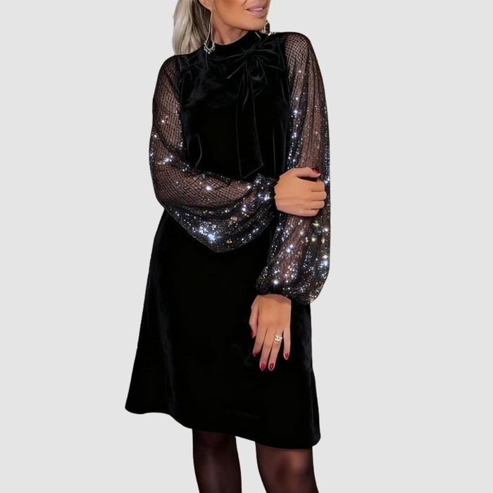 Martina elegant suede dress in black, front view with sequinned mesh sleeves