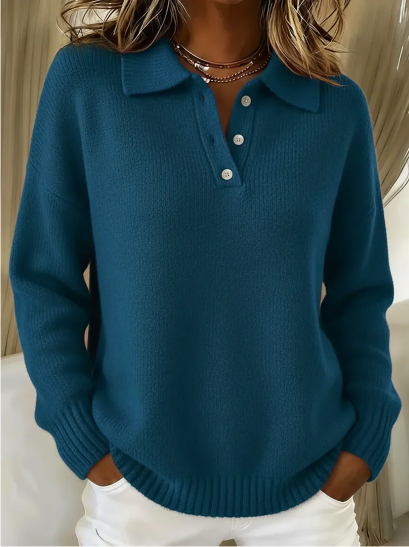 Hayden knit polo sweater in blue, collar and placket front view