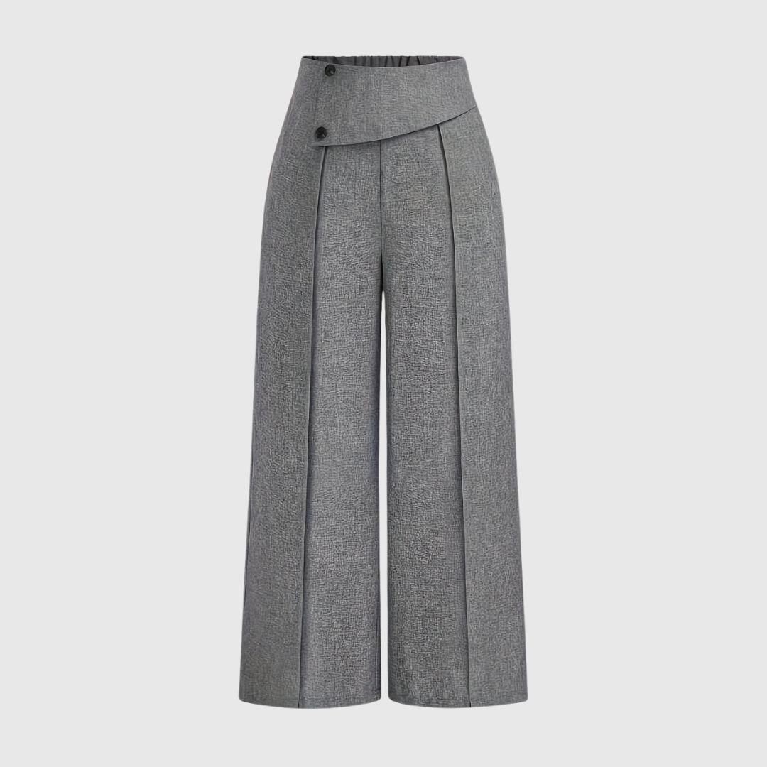 Celia relaxed wide-leg trousers in grey, front view with angled waistband