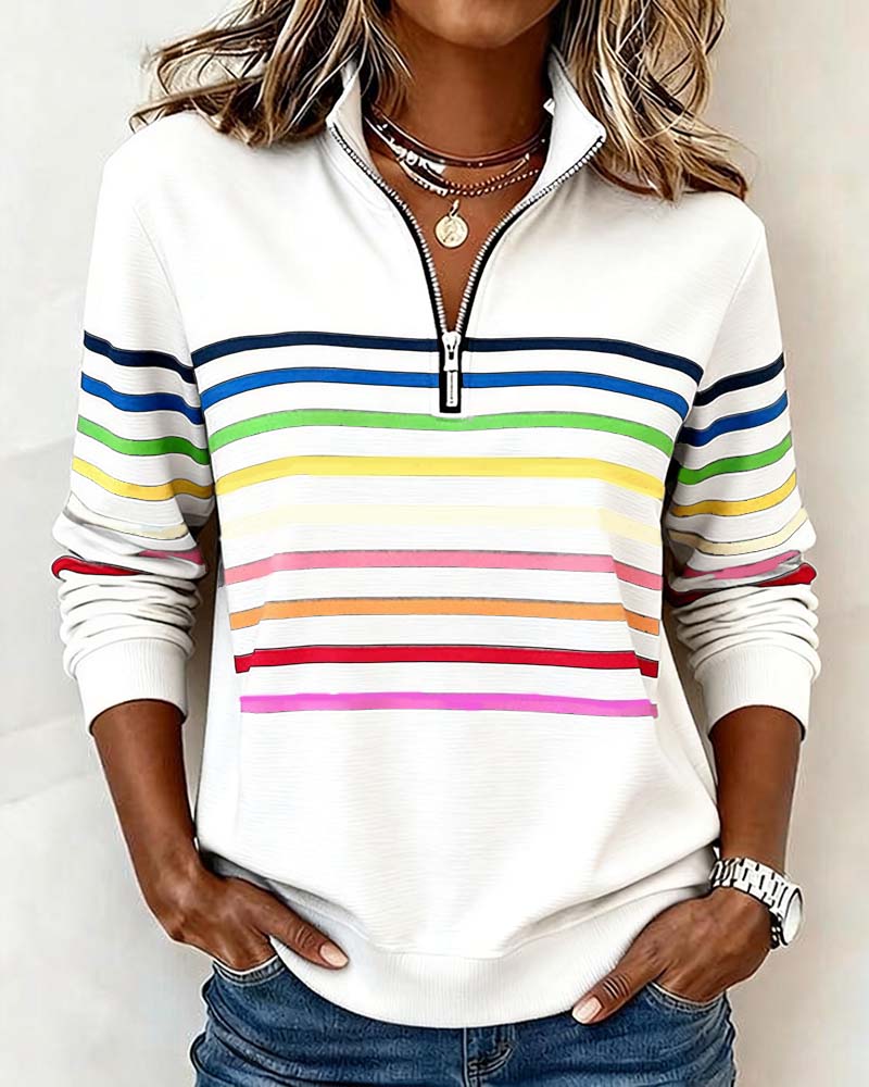 Maggie striped zip pullover in white, full front view