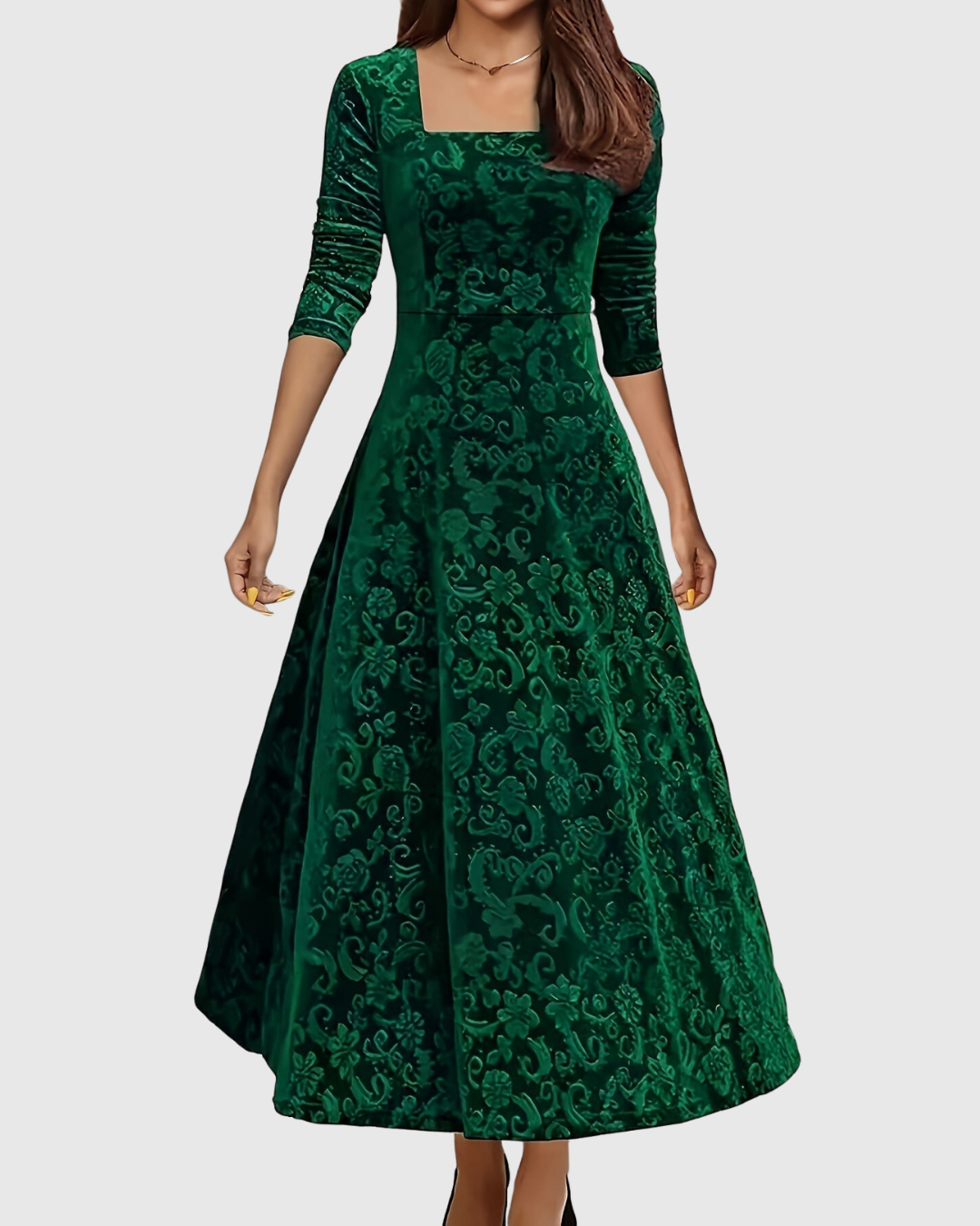 Vespera floral velvet midi dress in green, full-length front view