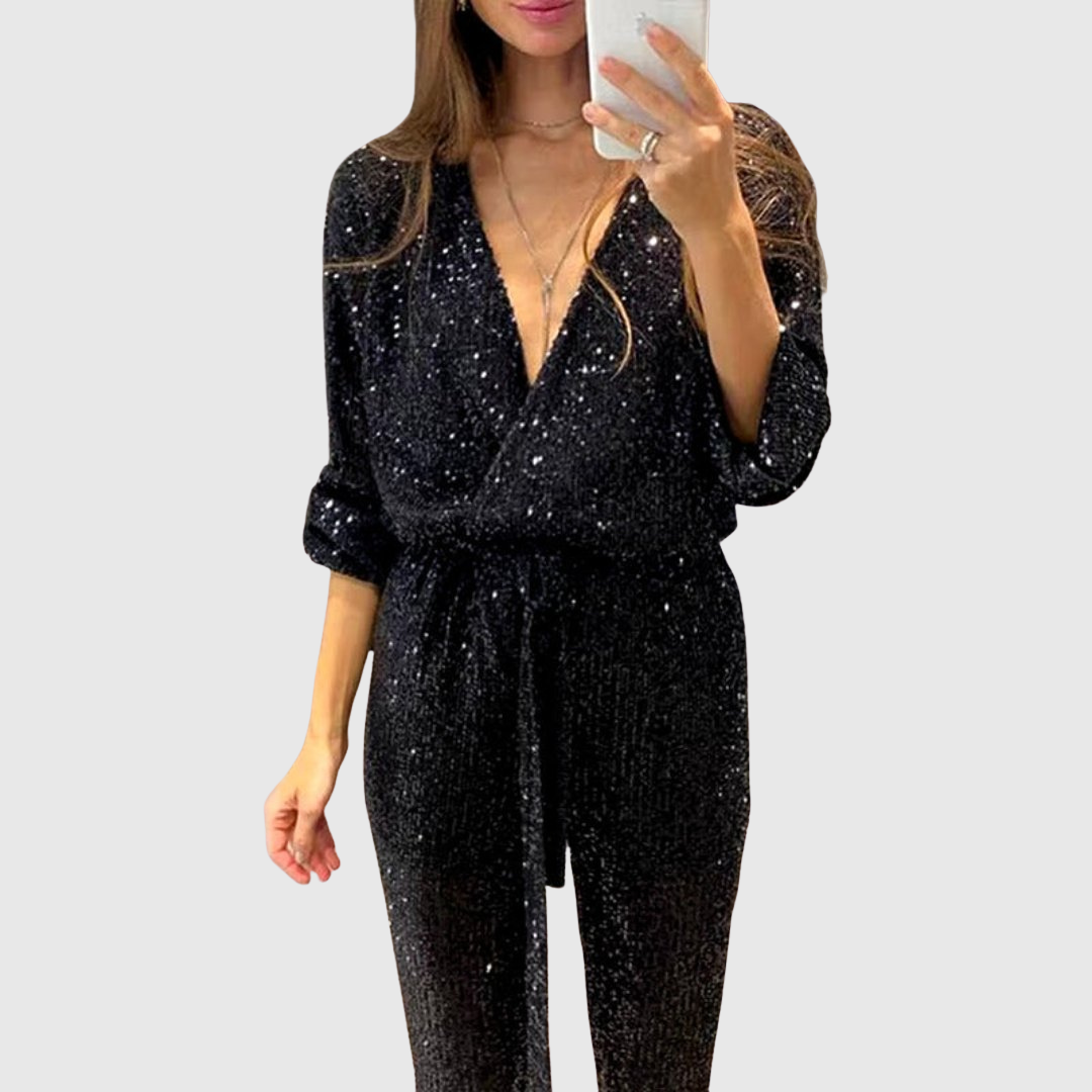 Aralyn sequinned jumpsuit in black, full-length front view