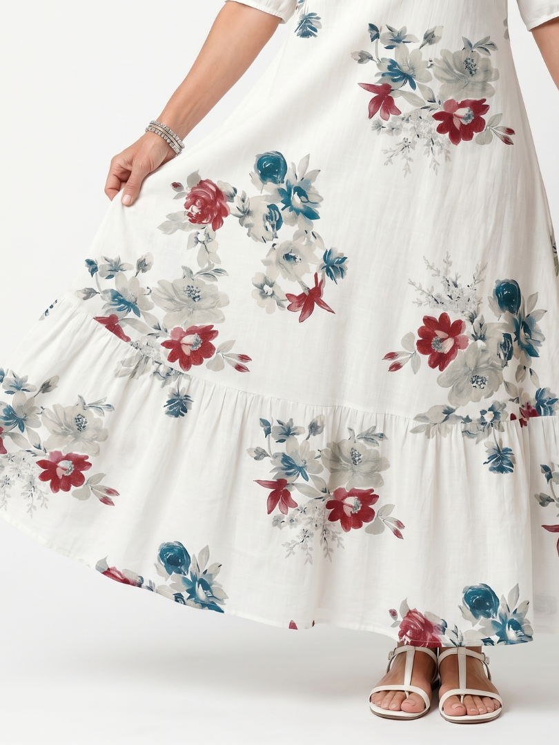 Maeva floral midi dress close-up of tiered hem and print