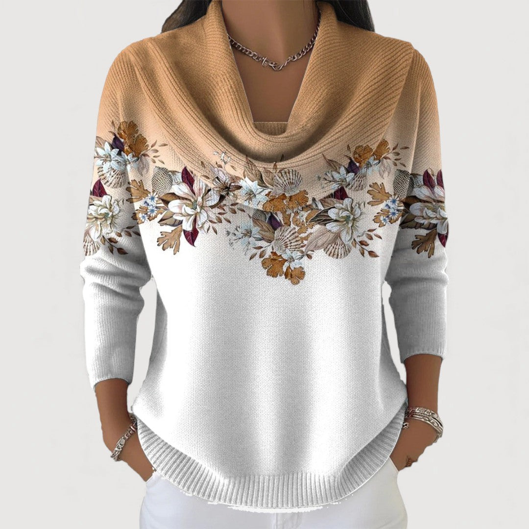 Alba floral roll-neck jumper in camel and white, front view