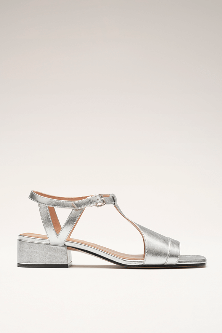 Serena heeled sandals in silver, side profile on plain background