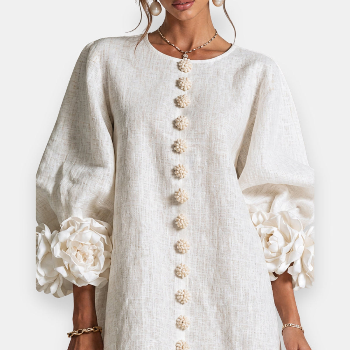 Cecily dress close-up of flower-shaped buttons and sculpted cuffs