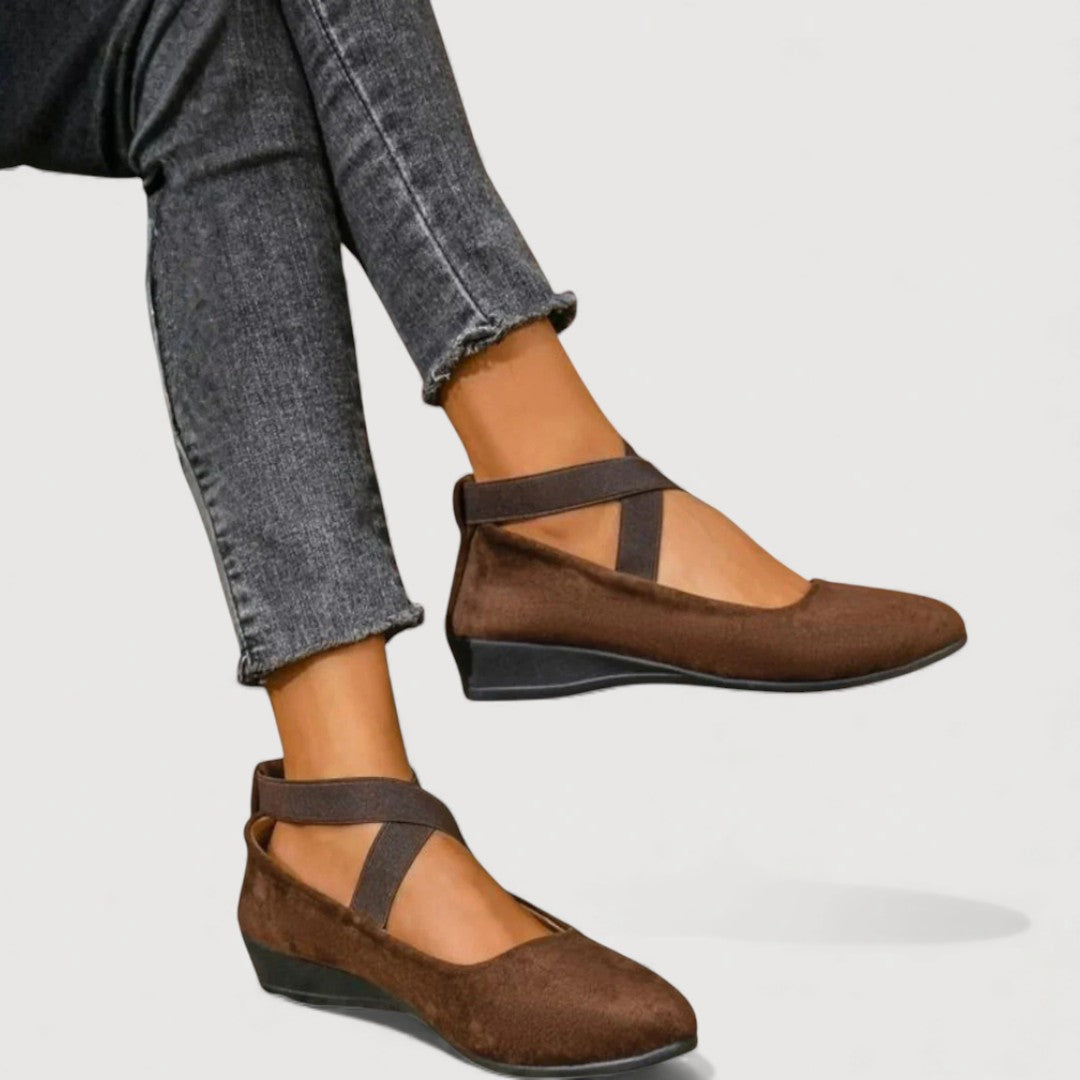 Vivienne flat ballet pumps in brown, worn with grey jeans