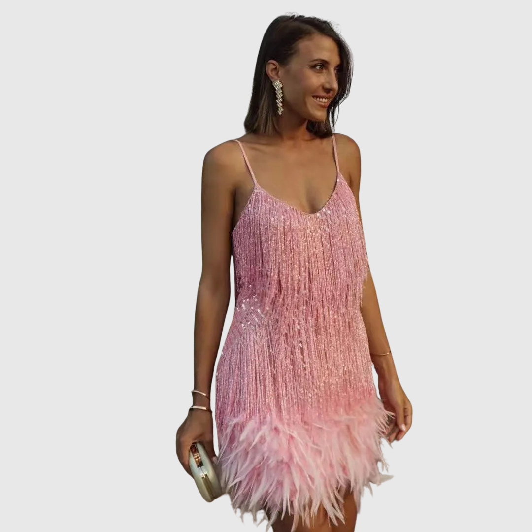 Isimay feather fringe cocktail dress in pink, full-length front view
