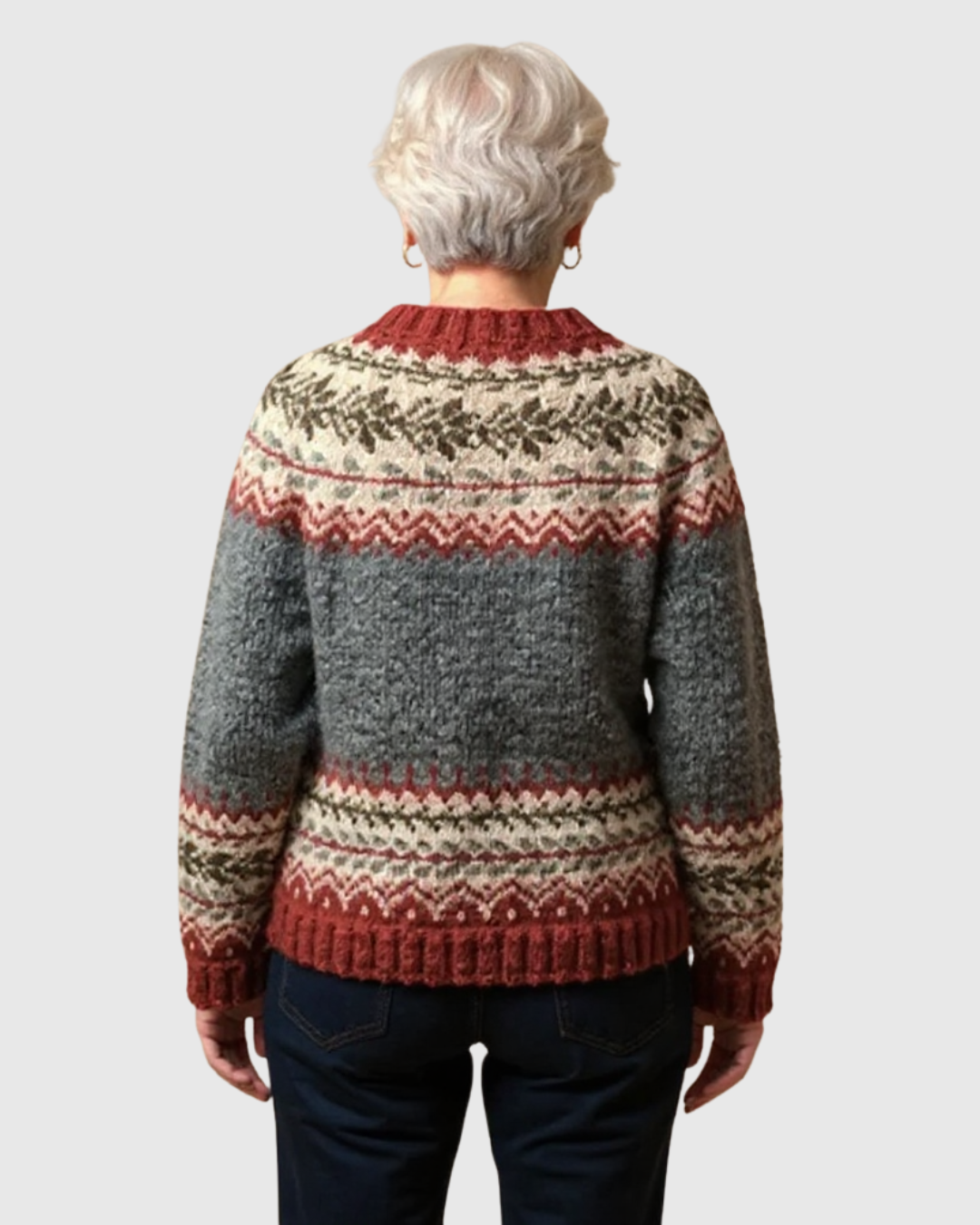 Esmé patterned cardigan in rust and grey, back view showing yoke bands