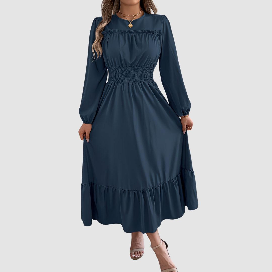 Isola Lane ruffled hem midi dress in navy blue, full-length front view
