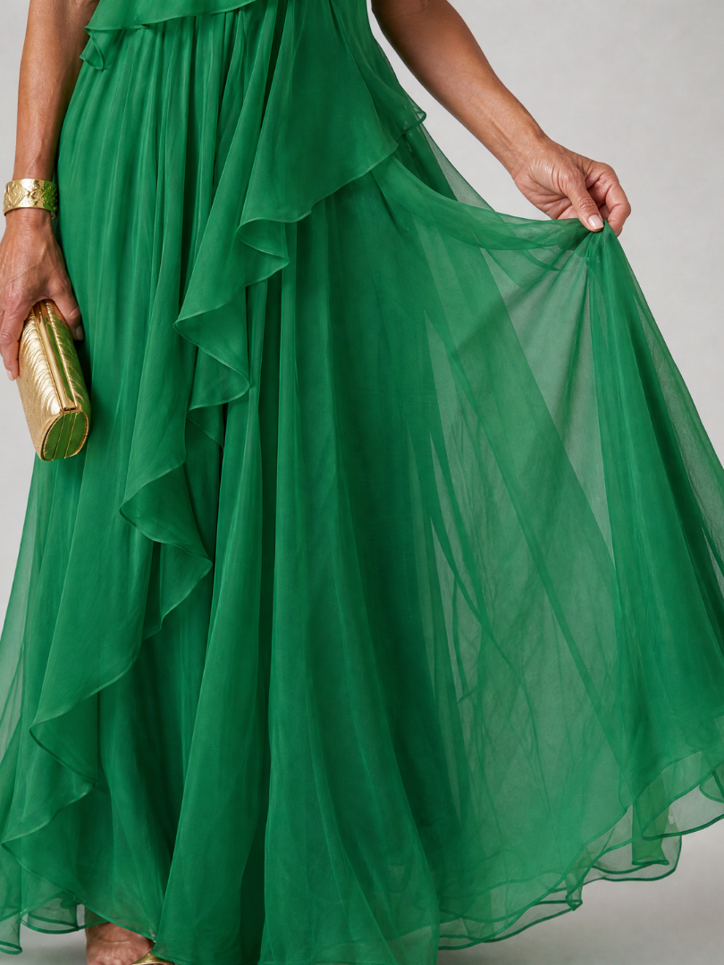 Arabella maxi dress in green, close-up of sheer cascading skirt layers