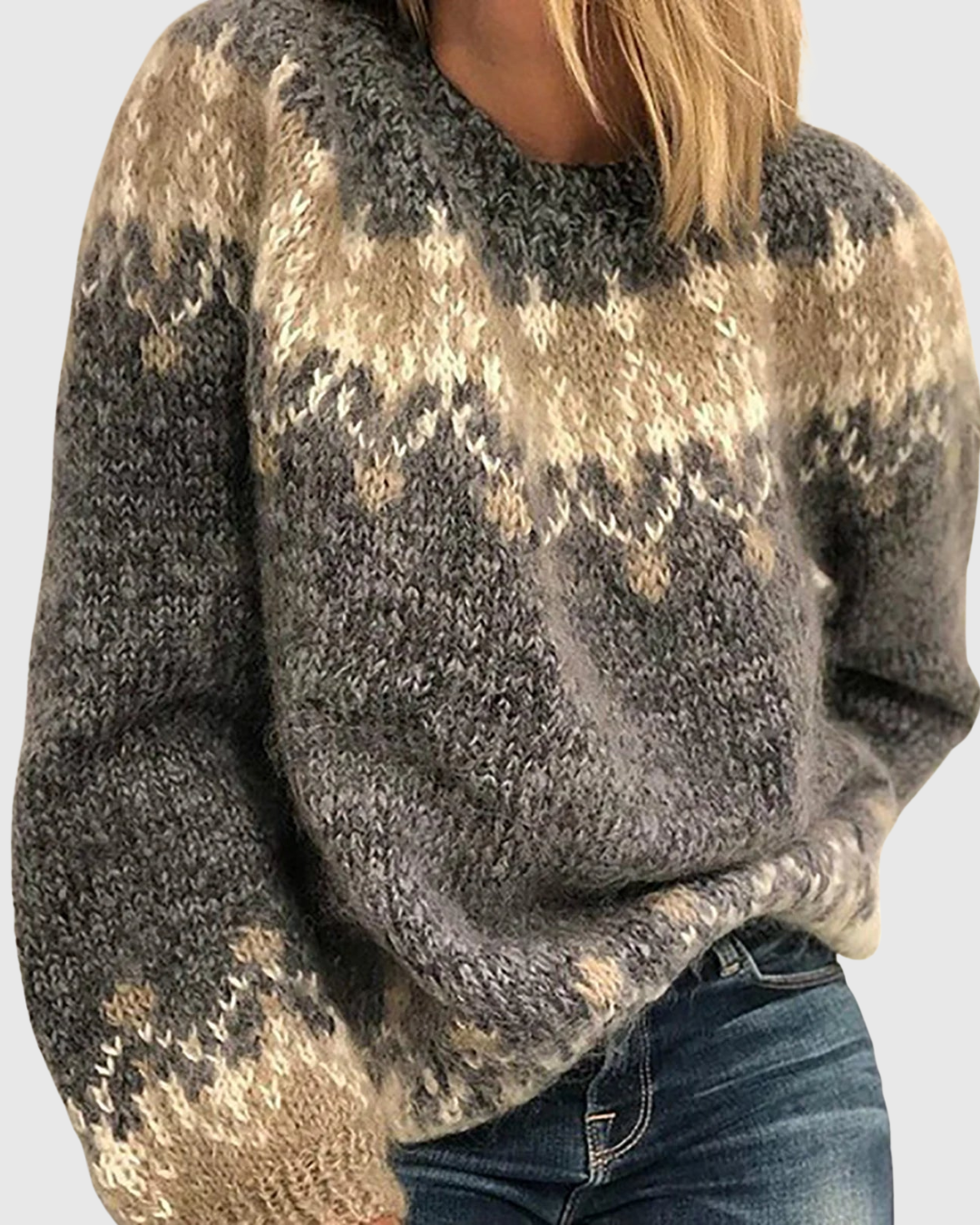 Maja Nordic pattern sweater in grey, front view on model