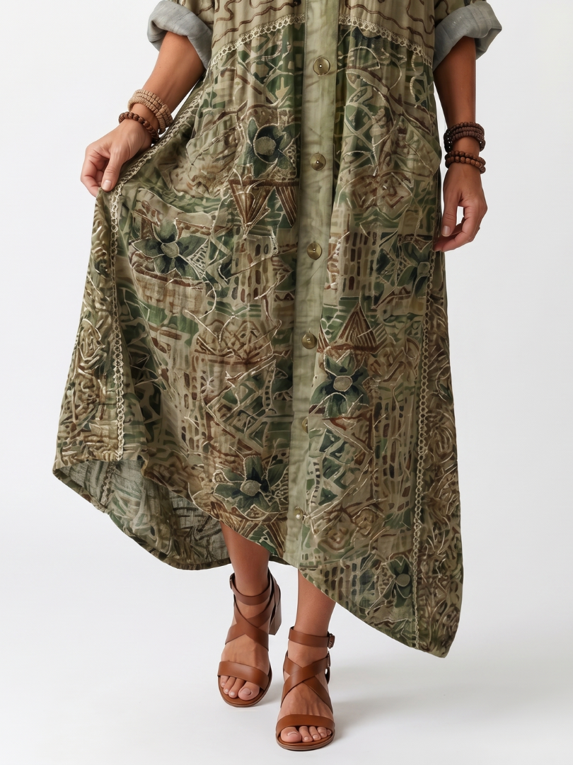 Aleta green midi dress close-up of patterned skirt and buttons