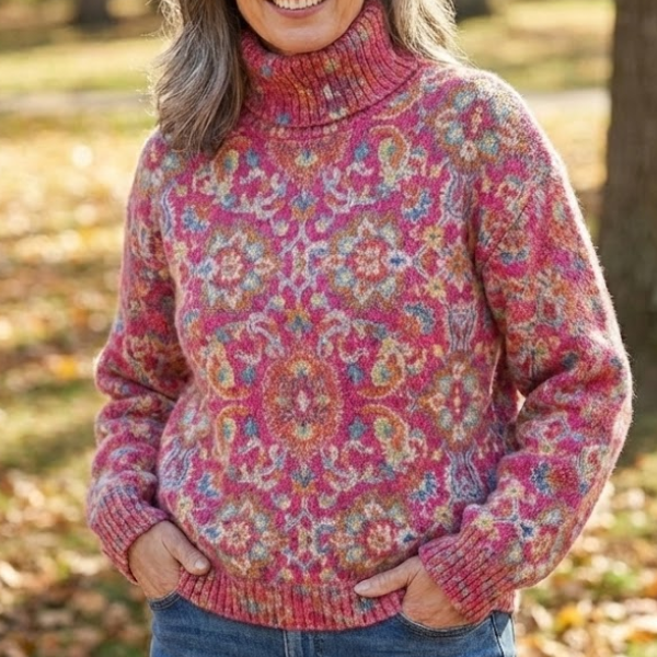 Sylpha sweater in pink multi-coloured knit, worn outdoors front view