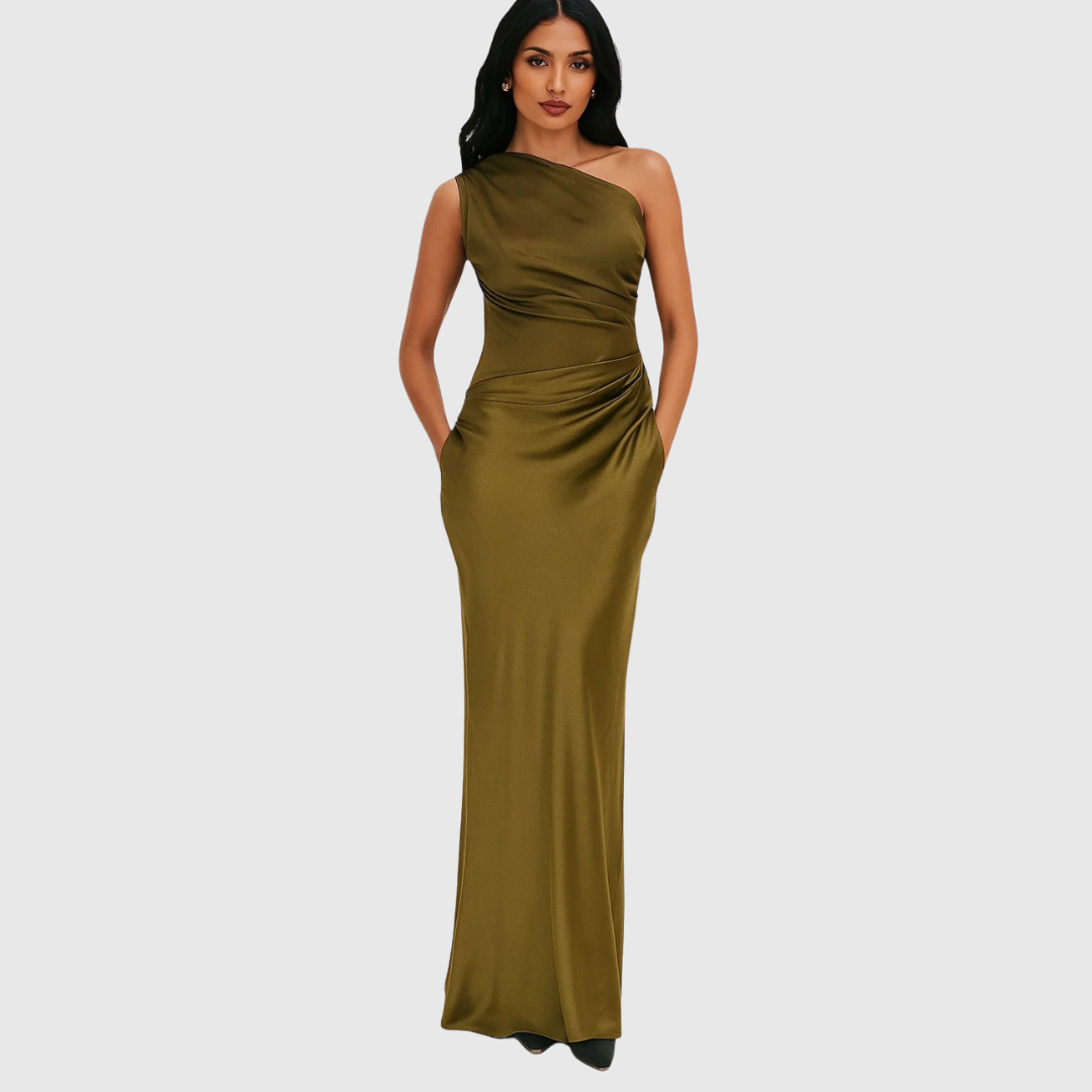 Elara asymmetric evening gown in green, full-length front view