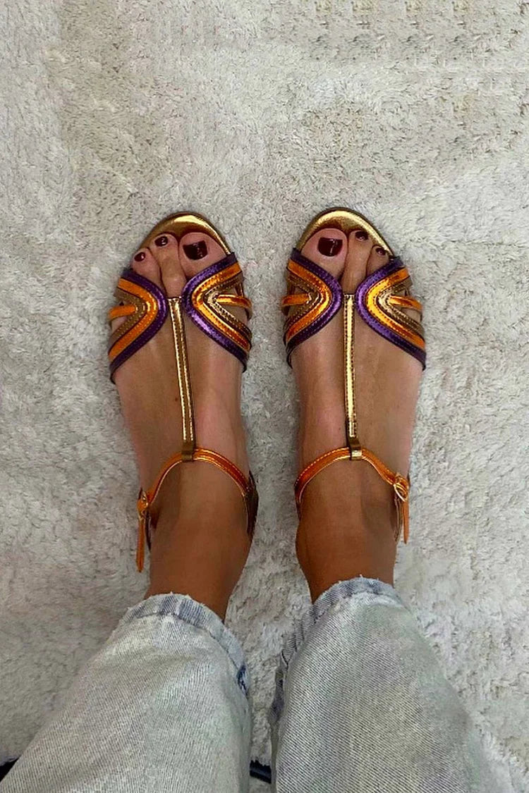 Viviana Mediterranean colour sandals worn indoors, overhead view