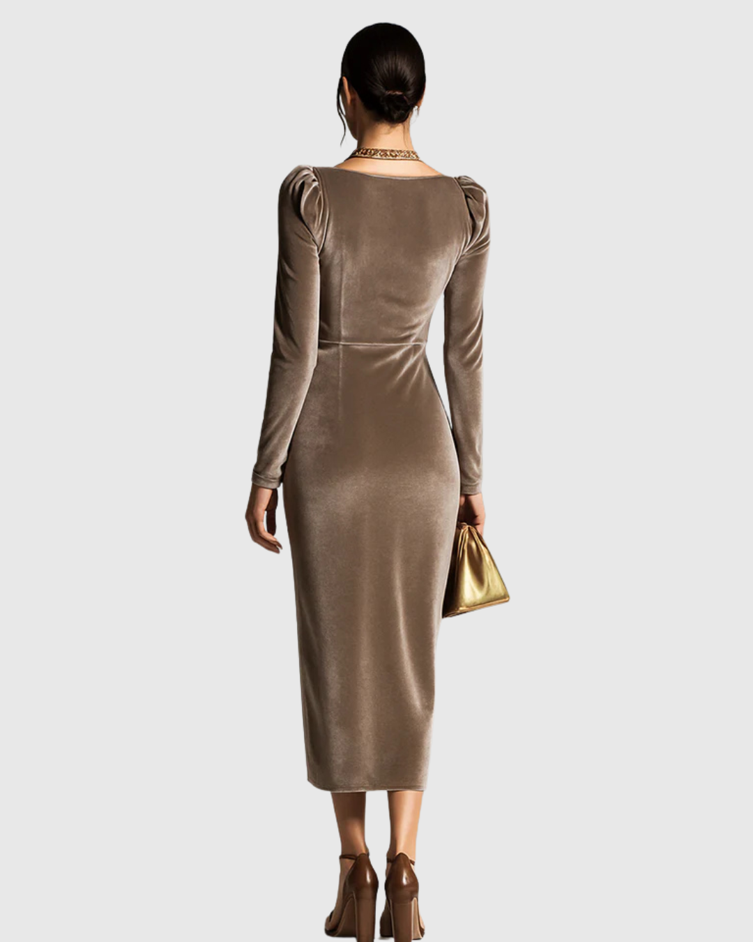 Eadoline pleated velvet midi dress in brown, back view