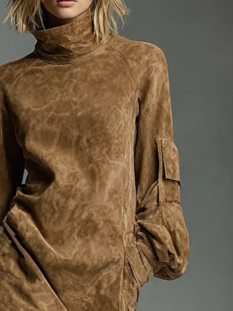 Hilda suede turtleneck dress in brown, detail of folded neck and sleeve pocket
