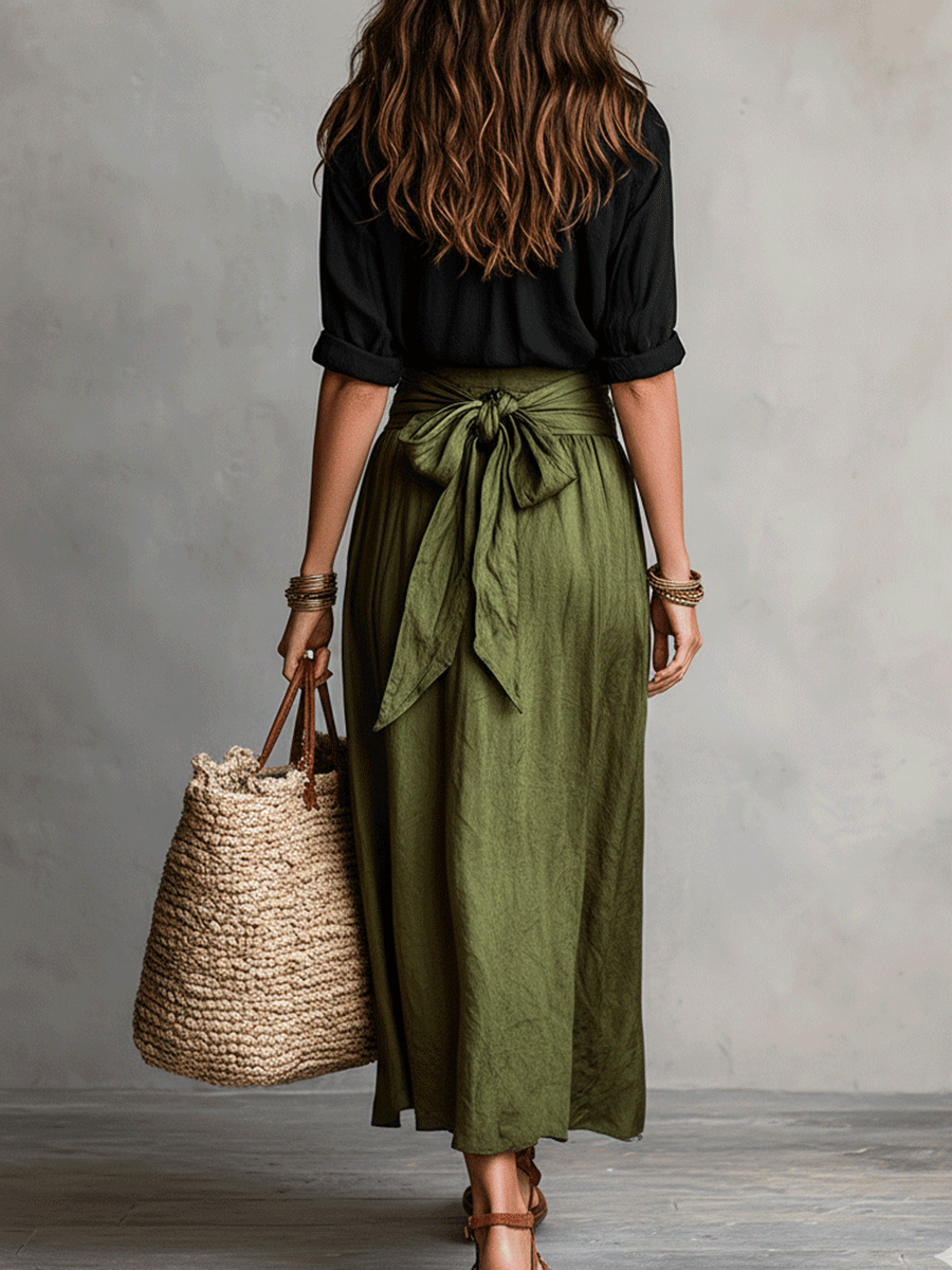 Boho skirt set in black and olive green, back view showing tied waist bow