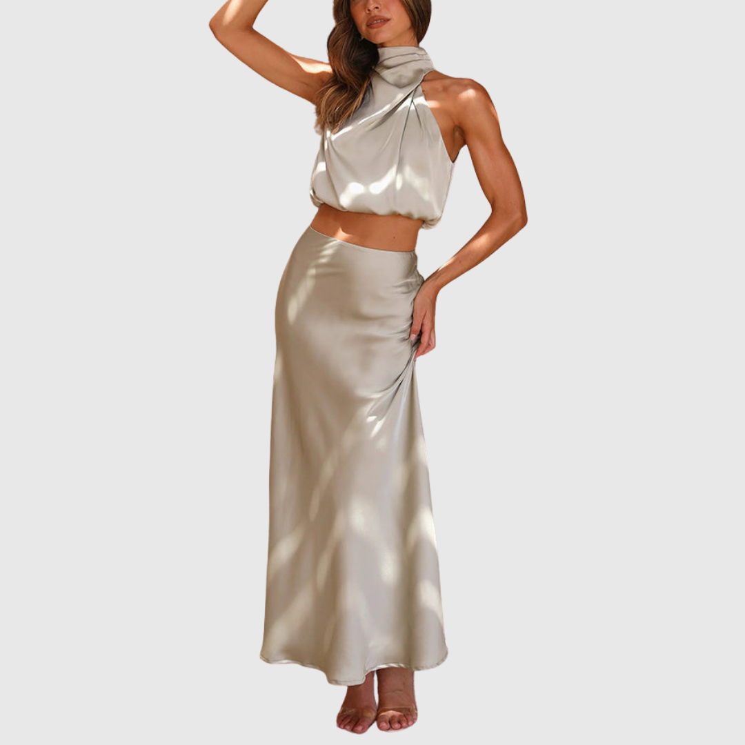 Emily drape maxi set in champagne satin, full-length front view