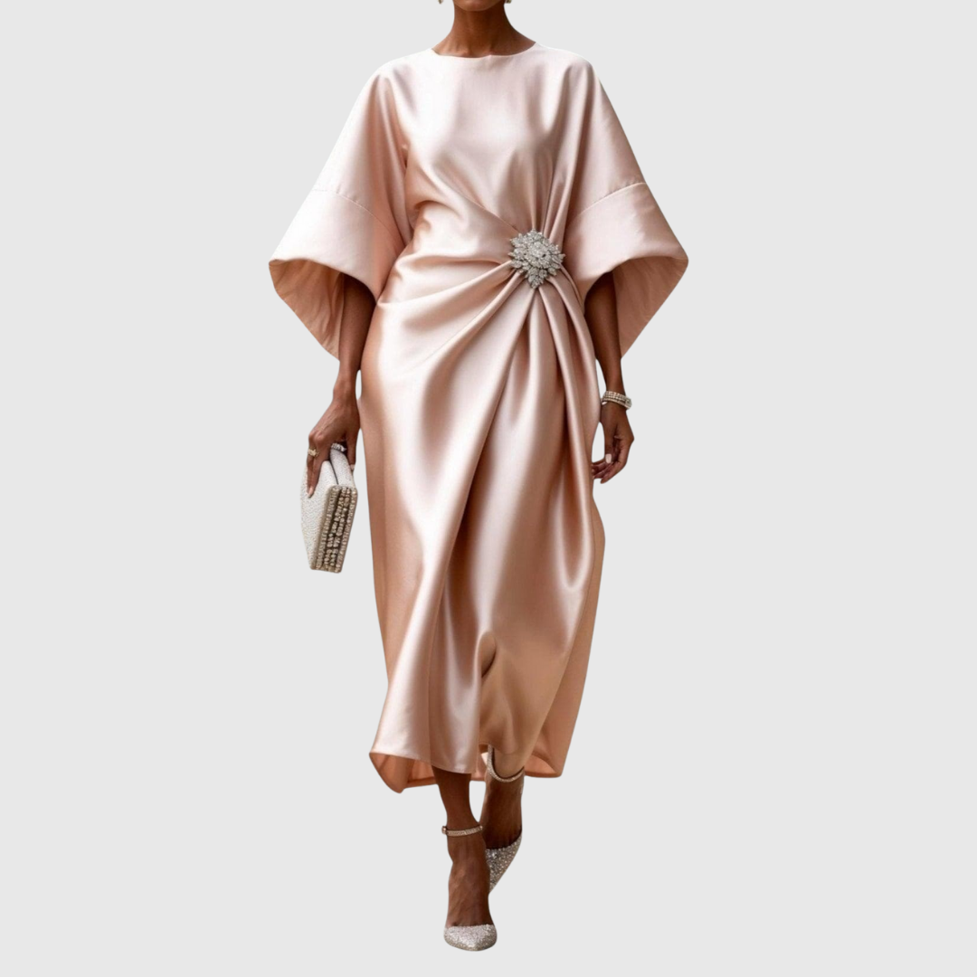 Luneth satin midi dress in beige, full-length front view