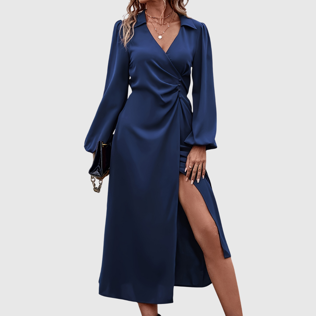 Islanna twist front midi dress in navy showing the front slit