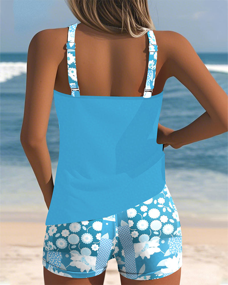 Sarah swimsuit set in light blue, back view showing shorts coverage