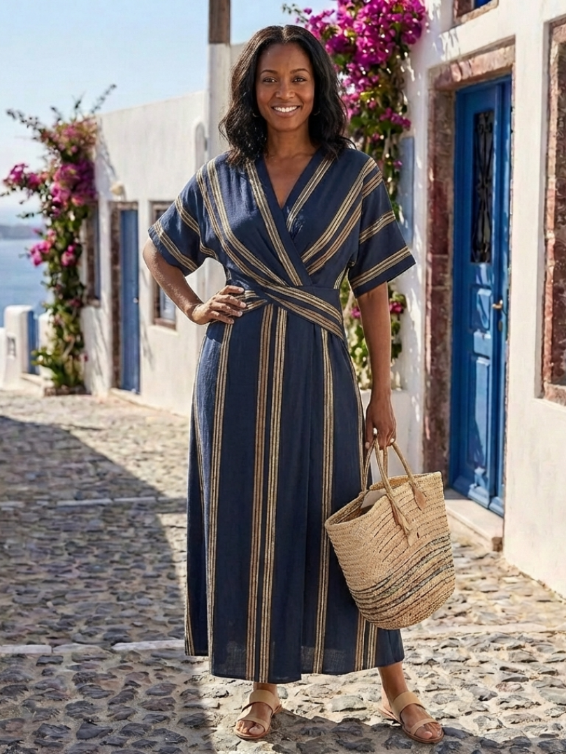 Saphira striped wrap midi dress in navy, front view showing crossed waist