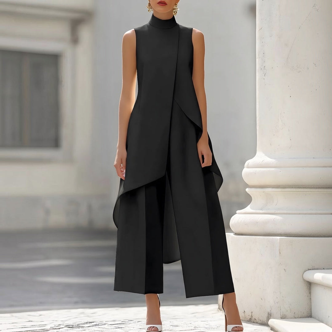 Valentina draped high-neck jumpsuit in black, full-length front view