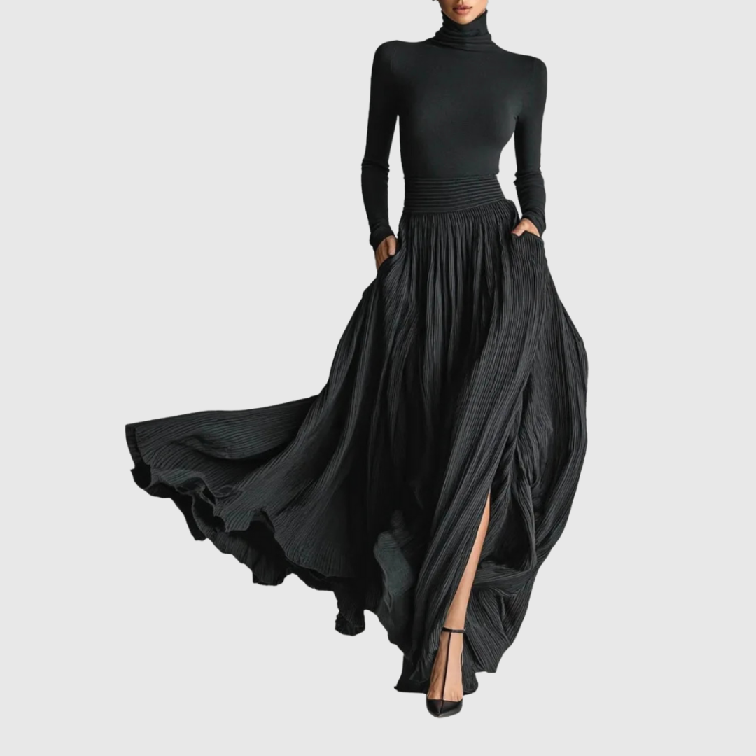 Cerynn maxi skirt set in black, full-length front view with front slit
