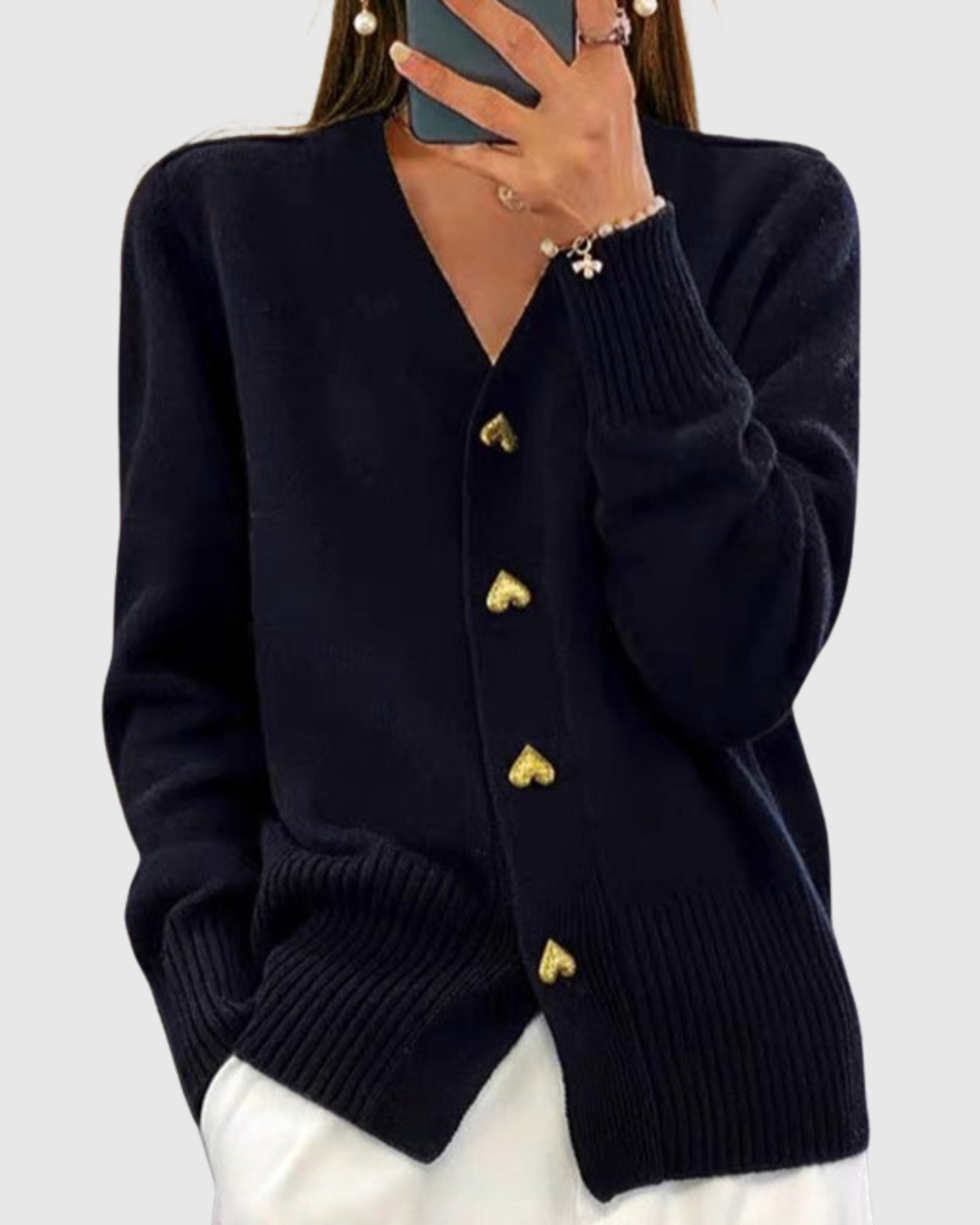 Heart button knit cardigan in black, front view with gold heart buttons